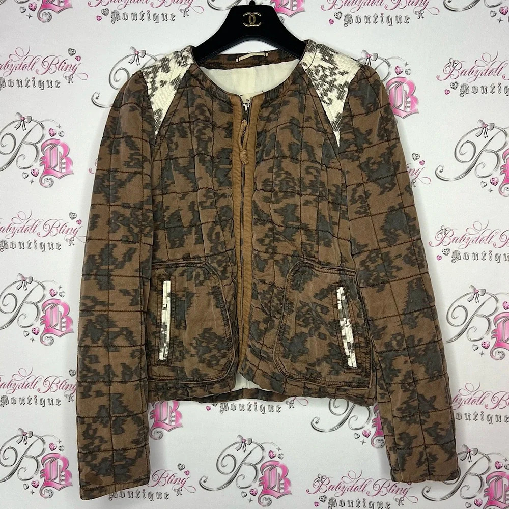Wilfred Aritzia jacket coat quilted brown lace pattern elbow patches luxe boho